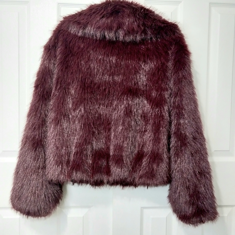 Rebecca Minkoff Fuax Fur Coat, Burgundy, NWT, Size L - Picture 8 of 10